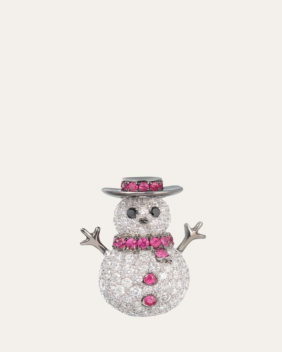 White Gold Snowman Single Earring with Diamonds, Rubies, and Black Diamonds